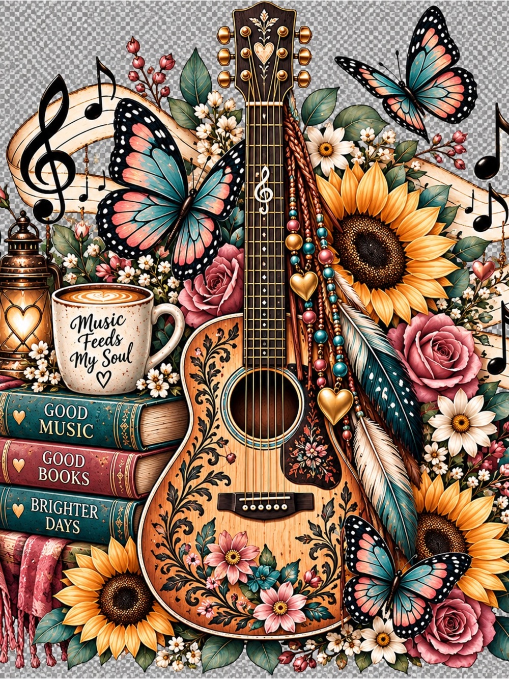 Boho Floral Guitar adult size M whit t-shirt Print in Turquoise, Pink & Yellow